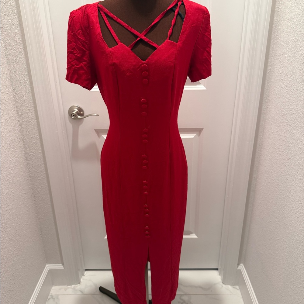 Scarlett Red Midi Dress with Cross-Strap Neckline